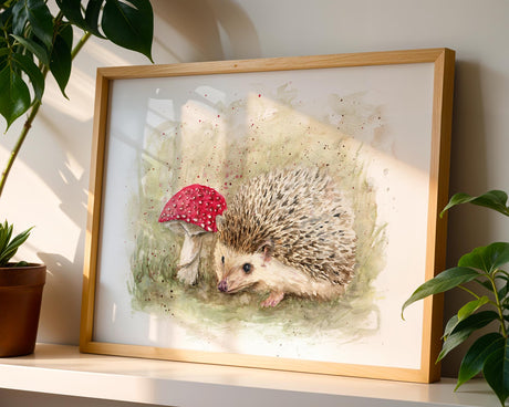 Gentle forest-themed art print featuring a hedgehog and toadstool, painted in warm, earthy watercolour tones.