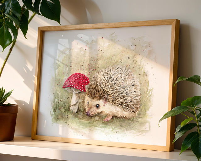 Gentle forest-themed art print featuring a hedgehog and toadstool, painted in warm, earthy watercolour tones.