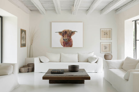 'Wild & Woolly' - Highland cow canvas full portrait in rich amber and russet tones, cottagecore home decor rustic wall art by Crafty Cow Design.