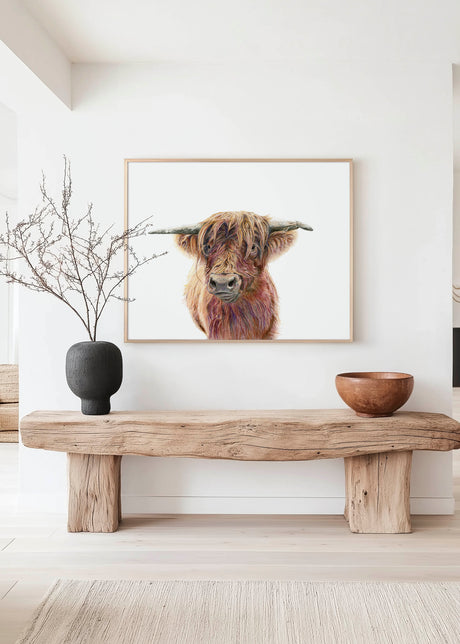 'Wild & Woolly' - Highland cow canvas print with sweeping horns and woolly coat in warm russet tones, rustic wall art cottagecore home decor by Crafty Cow Design.