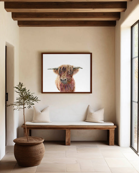 'Wild & Woolly' - Framed highland cow canvas in natural wood, rich russet and amber tones home decor rustic farmhouse kitchen art by Crafty Cow Design.