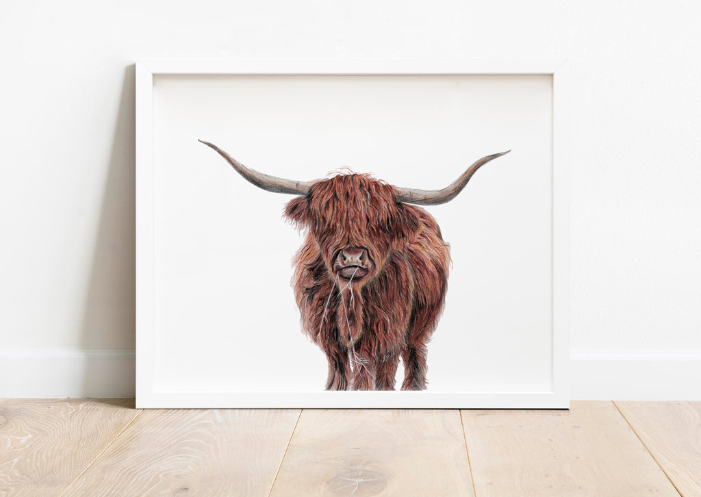 Detailed Brown Highland Cow Illustration, Scottish Countryside Inspired Cow Print, Highland Cow Home Decor in Warm Browns