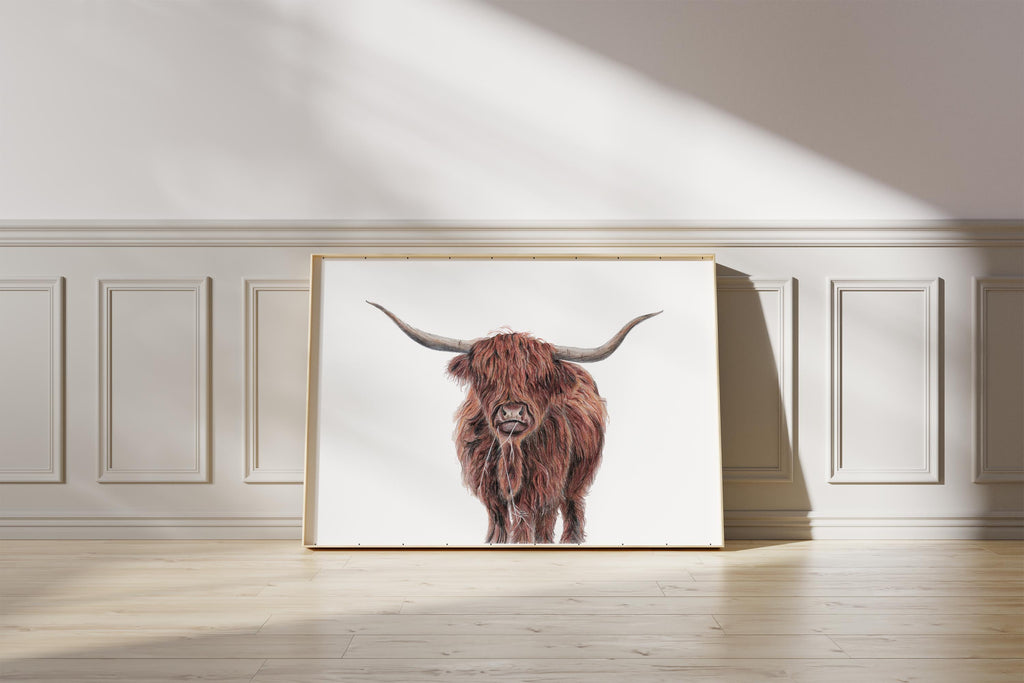 Rustic Highland Cow Print for Nature Lovers, Long-Haired Highland Cow Artwork in Earth Tones, Hand-Drawn Rustic Highland Cow Decor