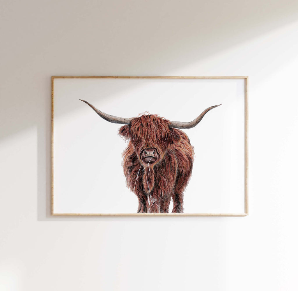 Highland Cow Art Drawing, Highland Cattle Print, Hairy Cow Artwork, Hand-Drawn Highland Cow Wall Art in Browns, rural art