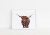 Highland Cow Art Drawing, Highland Cattle Print, Hairy Cow Artwork, Hand-Drawn Highland Cow Wall Art in Browns, rural art