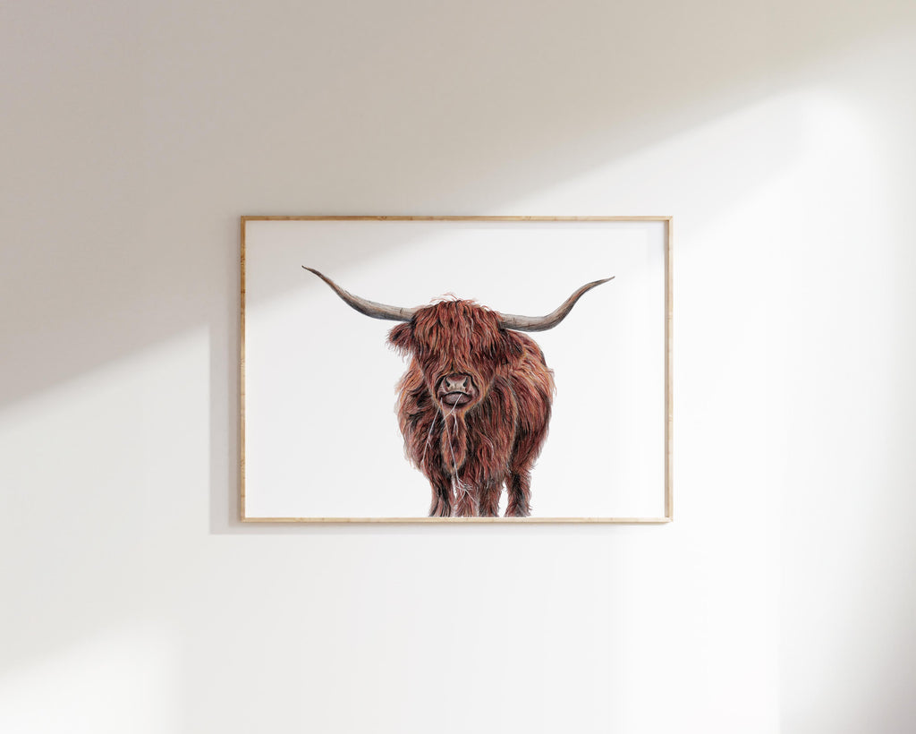 Long-Haired Cow Rustic Wall Art Piece, Nature-Inspired Highland Cow Drawing, Tranquil Highland Cow Art for Living Spaces