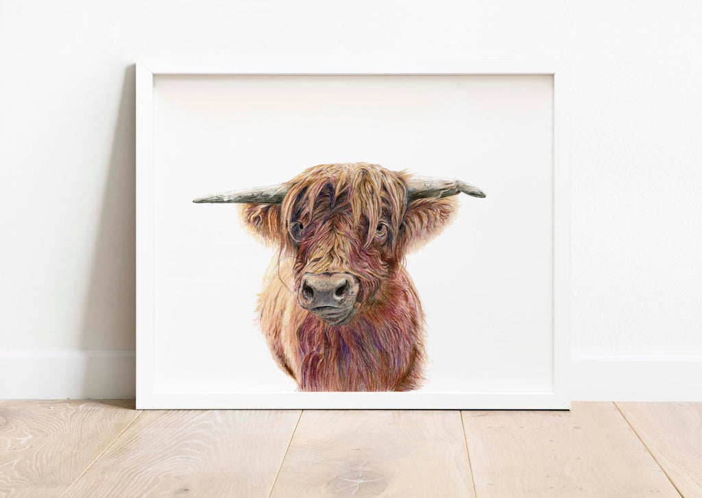 Unique Highland Cow print by artist, Detailed hand-drawn Highland Cow art print, Captivating colored pencil Highland Cow portrait