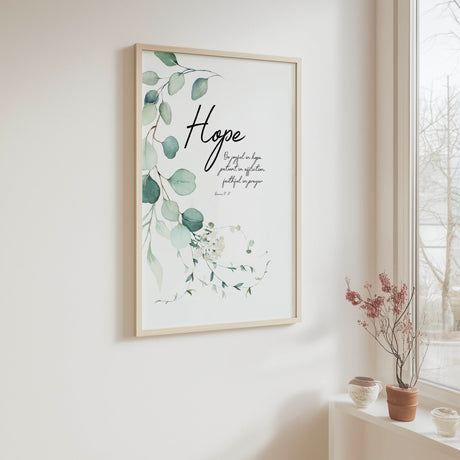 Botanical Bible Verse Print featuring Romans 12:12 with delicate eucalyptus leaf design.