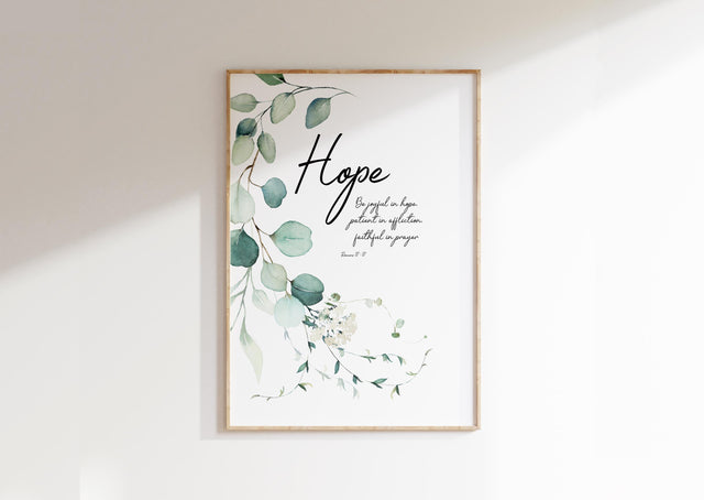 Botanical print with Romans 12:12 for a joy-filled home, Elegant eucalyptus leaf wall art promoting hope and faith