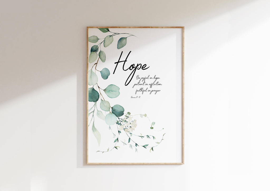 Botanical print with Romans 12:12 for a joy-filled home, Elegant eucalyptus leaf wall art promoting hope and faith