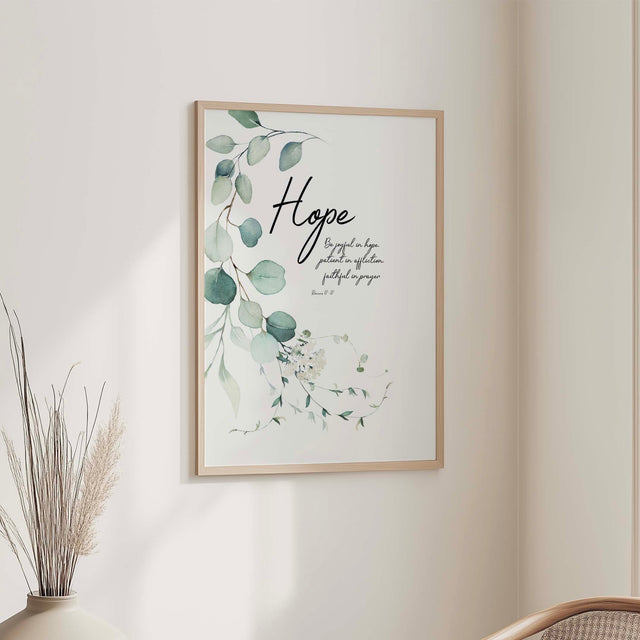 Be Joyful in Hope Wall Decor with calming green eucalyptus leaves and inspiring scripture.