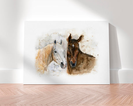 'Horse Friends' - Horses canvas print showing two horses in peaceful companionship — a warm and beautifully expressive countryside print that works in farmhouse and contemporary interiors alike, by Crafty Cow Design.