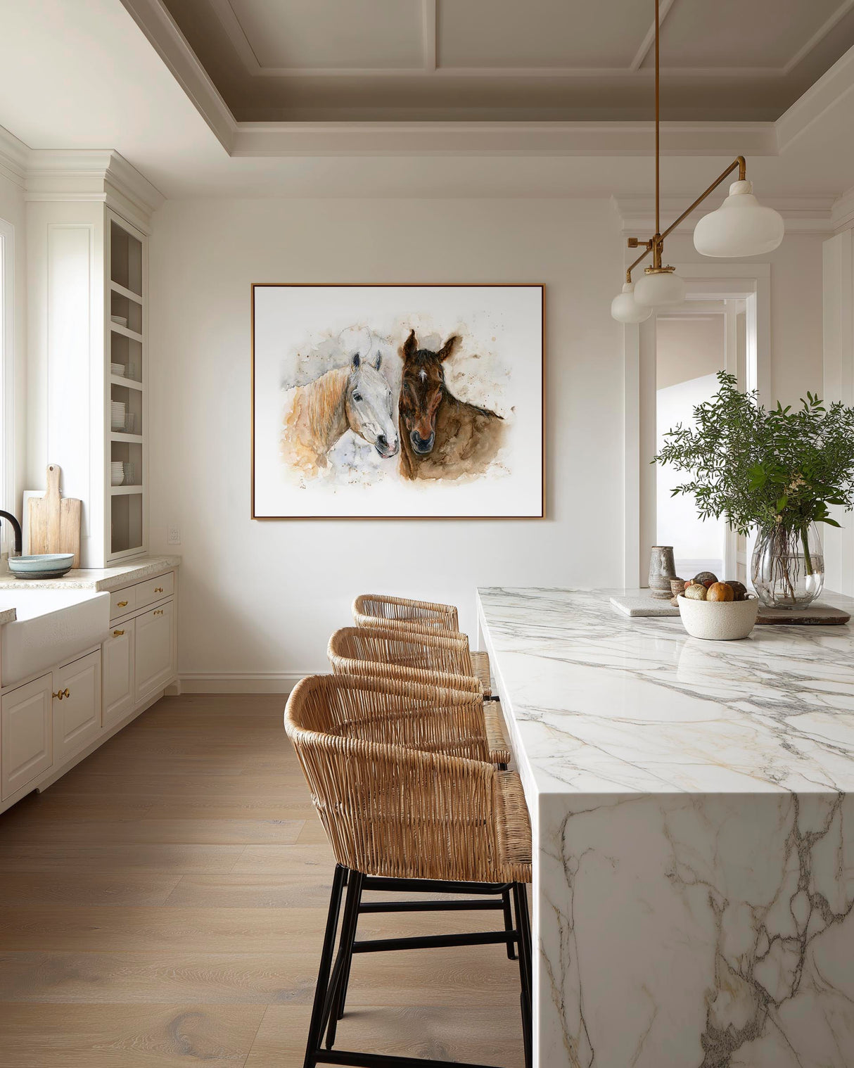 'Horse Friends' - Loose watercolour horse art painting on canvas in a warm natural palette — horses canvas wall art with real painterly depth and texture, by Crafty Cow Design.