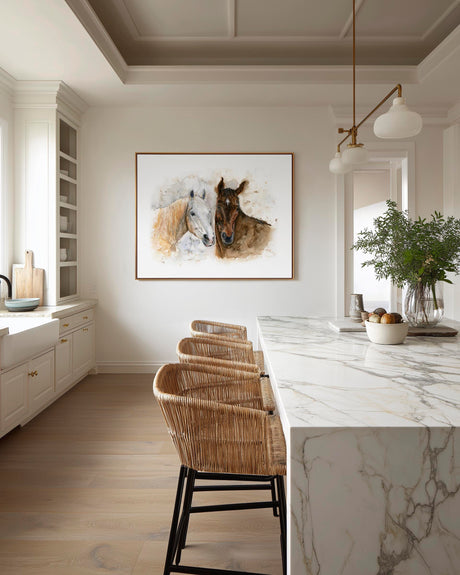 'Horse Friends' - Loose watercolour horse art painting on canvas in a warm natural palette — horses canvas wall art with real painterly depth and texture, by Crafty Cow Design.