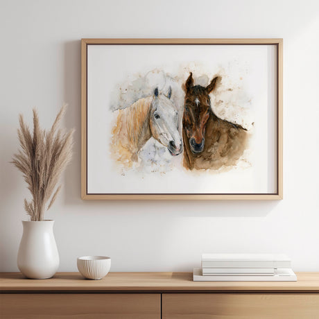 'Horse Friends' - A watercolour horse art painting on canvas, with soft feathered brushwork in warm browns and creamy whites — stunning farmhouse home decor, by Crafty Cow Design.