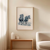 Print of four running horses in beautiful indigo shades.