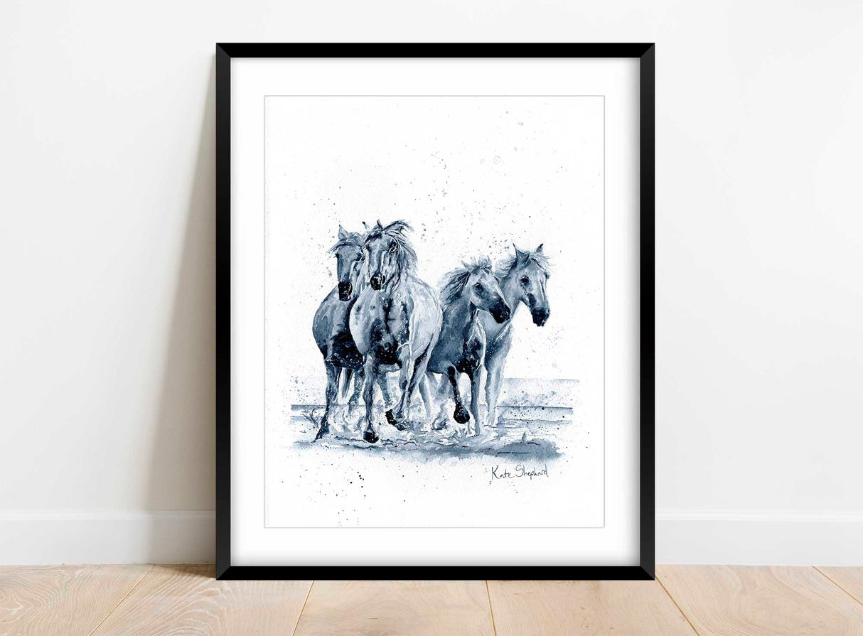 Monochrome watercolour art of galloping horses.