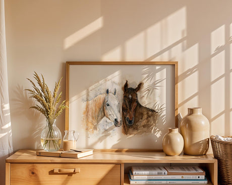 Loose watercolour horse portrait of two horses with soft brushstrokes.