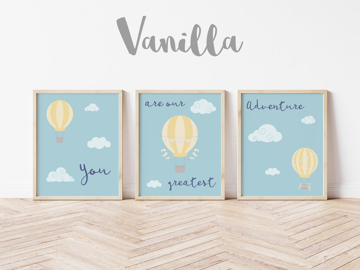 Nursery Wall Decor: Hot Air Balloon 3 Print Set in Soft Mint Green, Pink, or Sunny Yellow for Baby's Room