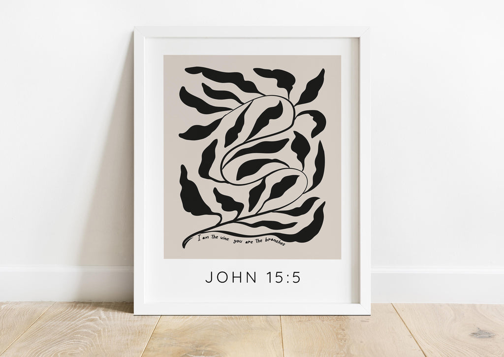 Tan and Black Faith-Inspired Wall Print, Contemporary Vine and Branch Bible Verse, Tan and Black Inspirational Scripture Print
