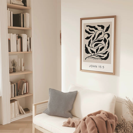 Minimalist Christian wall art with the scripture 'I am the vine; you are the branches.'.