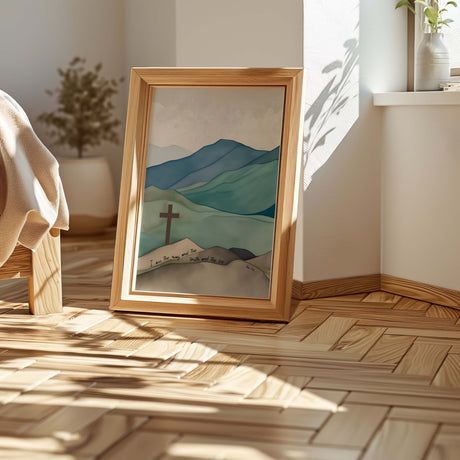 Peaceful blue and green mountain-themed Christian art with a hillside cross and John 14:6 verse, ideal for faith-inspired home décor.