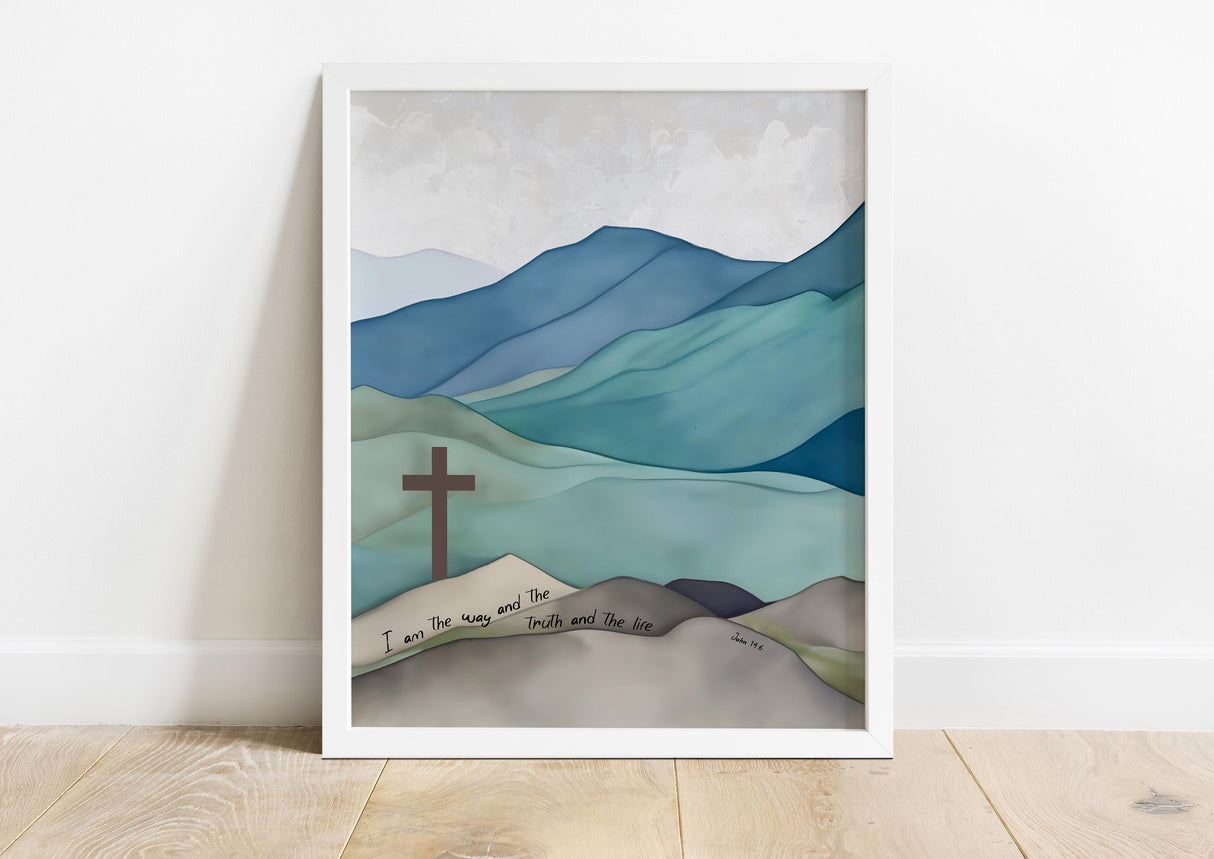 Faithful home decor with blue/green mountain theme, Guiding cross in John 14:6 inspirational print, christian artist kate shephard