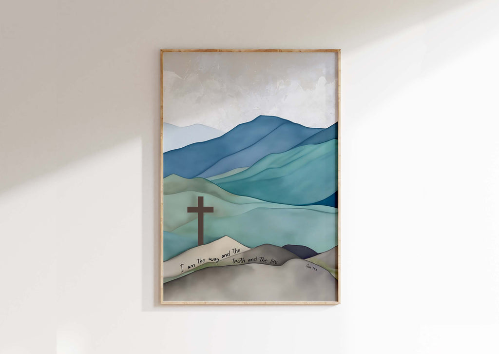 I Am The Way The Truth and the Life Christian Wall Art, John 14 6, Blue and green Christian wall art with cross