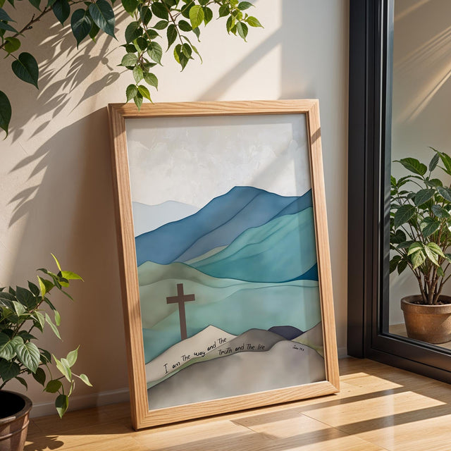 Christian wall art print featuring a brown cross on a blue and green mountain landscape with the Bible verse John 14:6 displayed below.