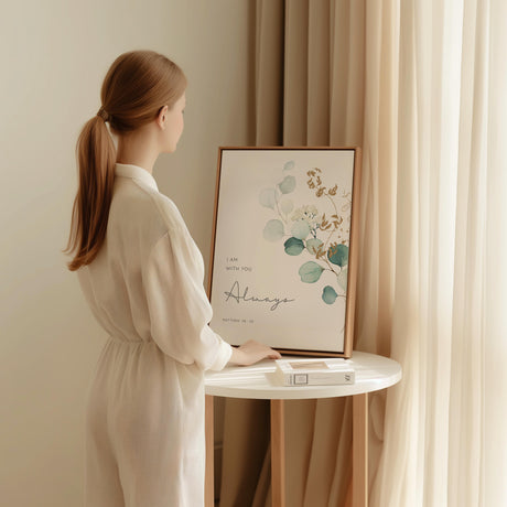 Eucalyptus Bible verse print with “I Am With You Always” from Matthew 28:20 in elegant botanical style.