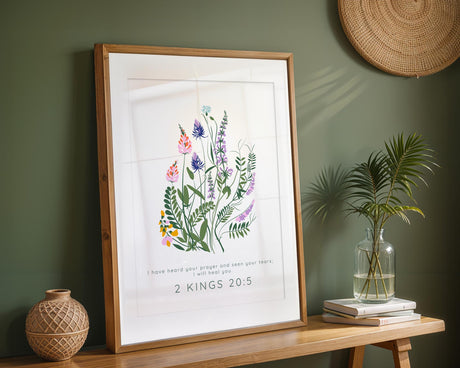 Healing-themed Christian artwork with verse from 2 Kings 20:5 and floral border. Encouraging Bible verse wall art with "I Will Heal You" quote and gentle flowers.
