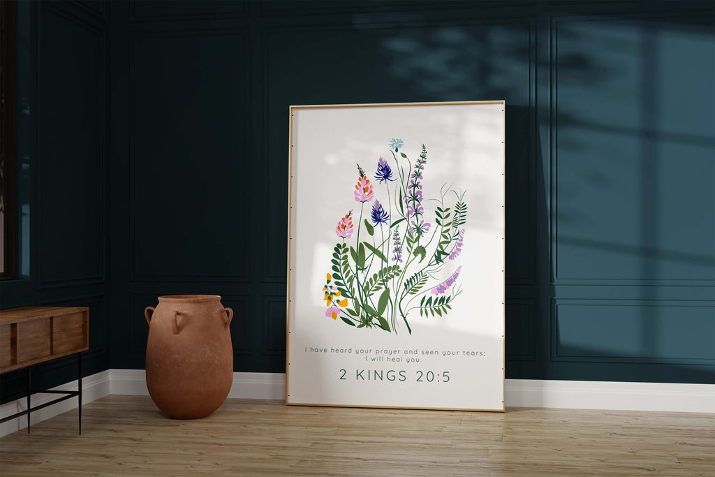 Elegant floral wall art with 2 Kings 20:5 verse, Christian scripture print for healing and faith, Floral Bible verse art for healing