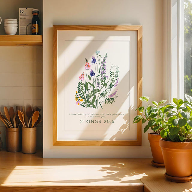 Floral Bible verse print with 2 Kings 20:5 and pastel flowers for comfort and healing.