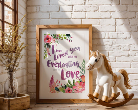Inspirational scripture wall art with floral and feather design and verse from Jeremiah 31 3.