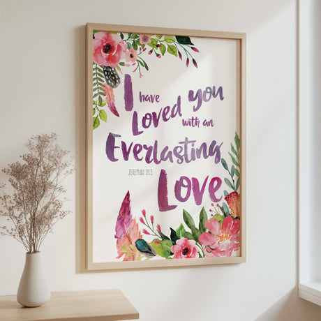 Jeremiah 31 3 floral feather Bible verse print with everlasting love quote for Christian wall decor.