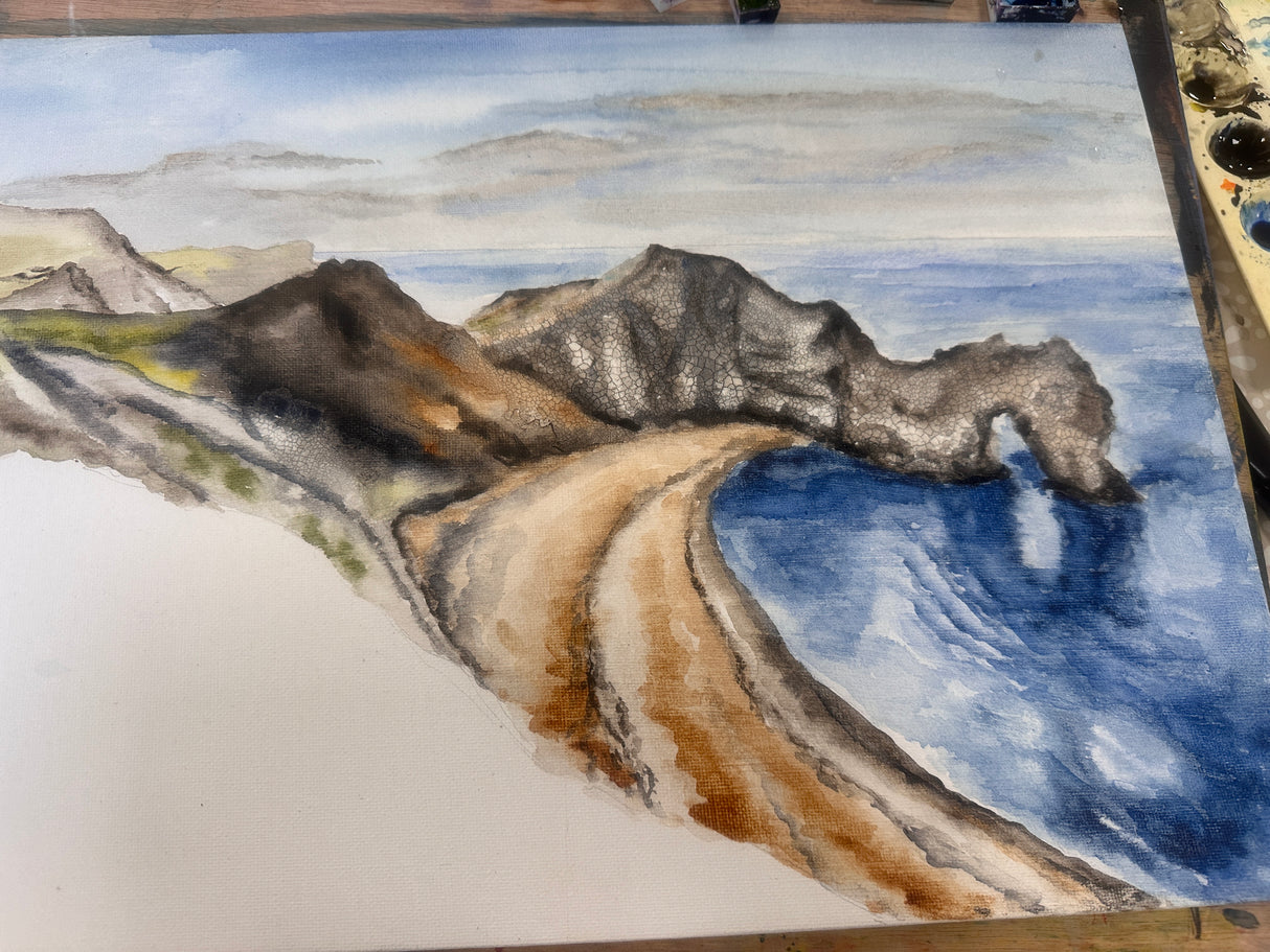 Painting in Progress - Dorset landmark Durdle Door depicted in vibrant watercolor. Artistic representation of Durdle Door in a 12x16" painting.