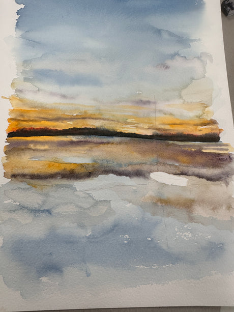 Nautical-themed artwork showing a beached yacht in front of Brownsea Island.