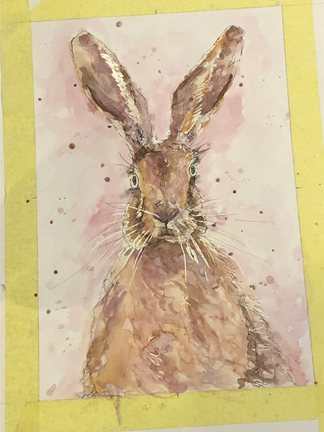 Whimsical hare artwork in watercolours and ink with lively splashes