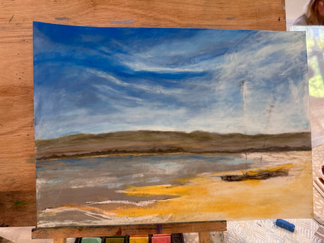 Soft pastel artwork of Sandbanks Beach, featuring warm tones of sand, sea, and sky.