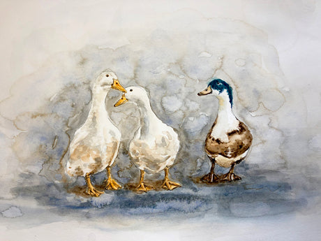 'Feathered Friends' - Original Framed Duck Watercolour Painting by Kate Shephard, Happy Ducks on a Farm Farmhouse Wall Art, Bird Home Decor - SOLD