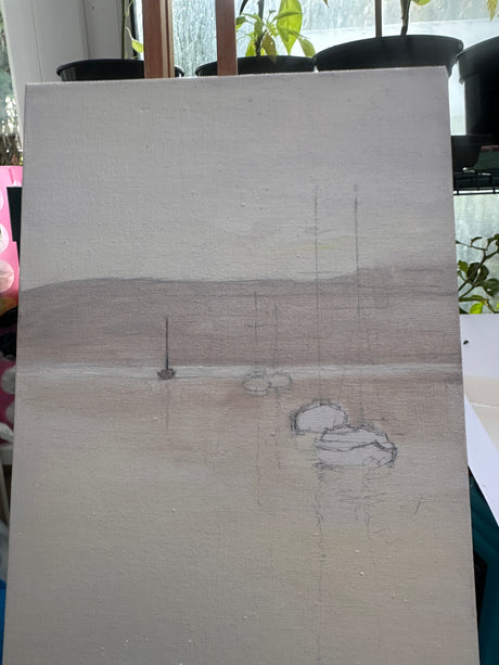 A warm-toned oil painting featuring yachts resting in a peaceful harbour.