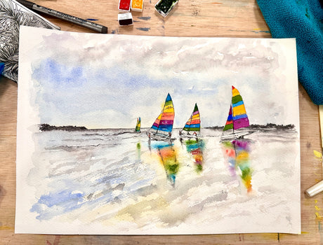 Original painting of boats with colourful sails in Poole Harbour