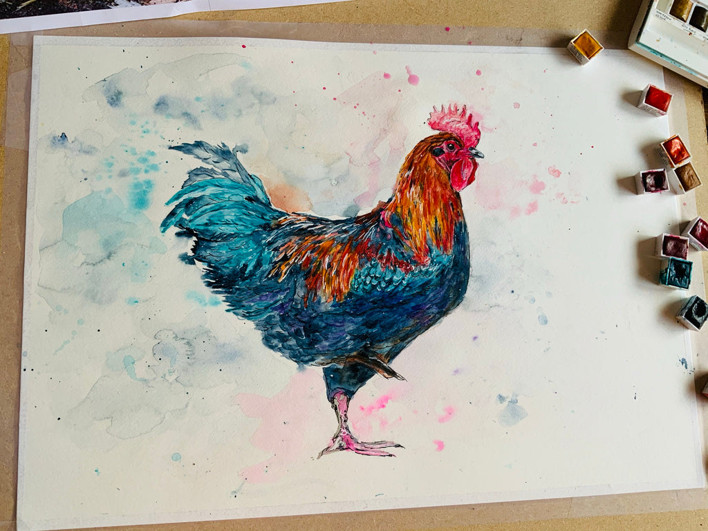 Vibrant Rooster Painting in WatercoloUr, Farmhouse Wall Art with Rooster WatercoloUr, Rustic Rooster Print for Country Kitchen