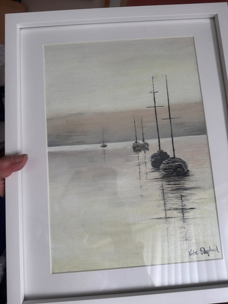 Nautical-themed oil painting with golden reflections on the water.