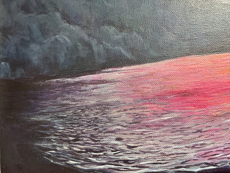 A 40x30cm acrylic painting of a lake reflecting sunset colours, with mountains in the background.