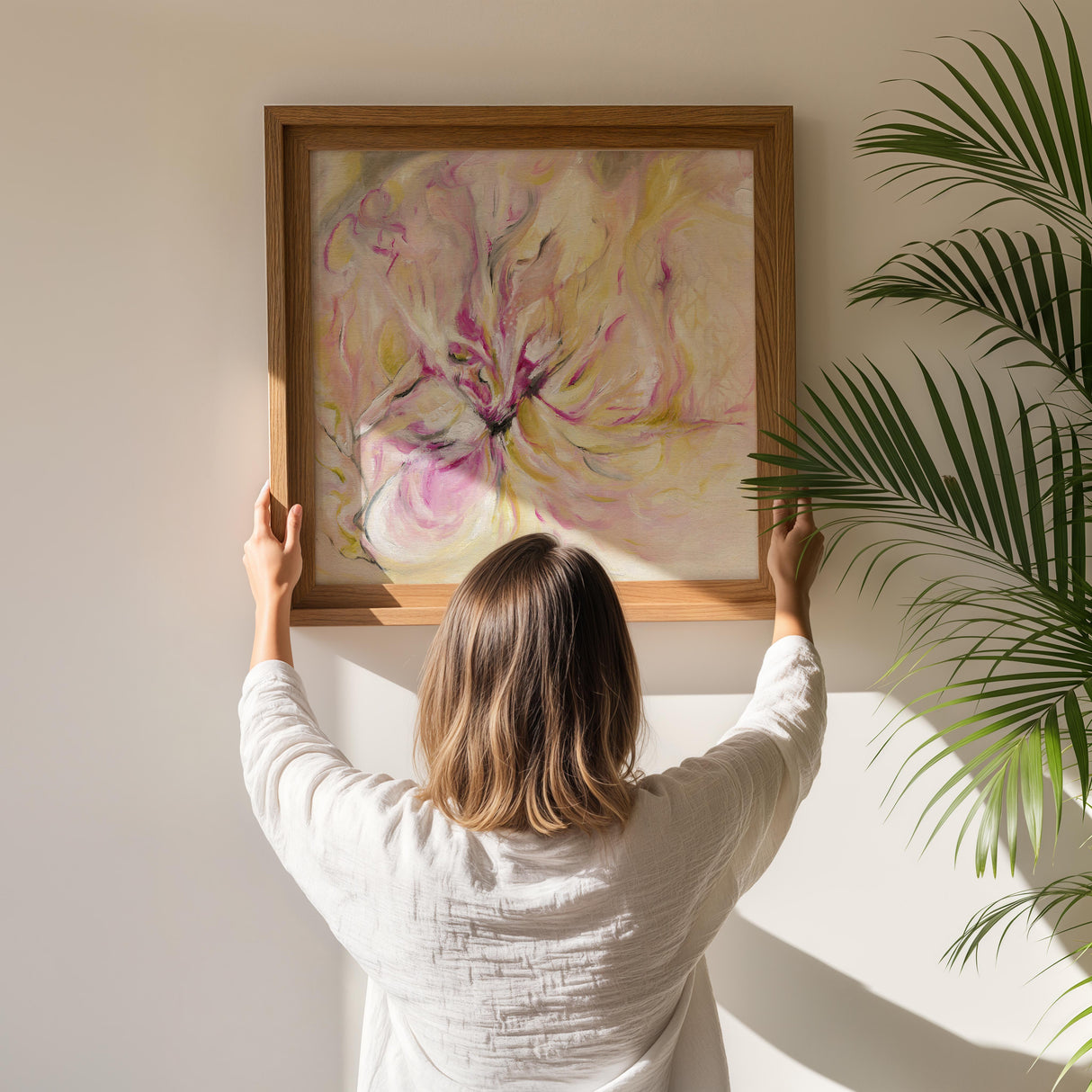 ‘In the Quiet Light’ - Vibrant abstract wall art print in pink and peach.