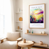 A serene Bible verse print featuring a beautiful meadow in soft, natural hues. The quote "In your presence there is fullness of joy" is written beneath the image, with the Bible reference displayed in large capital letters above.