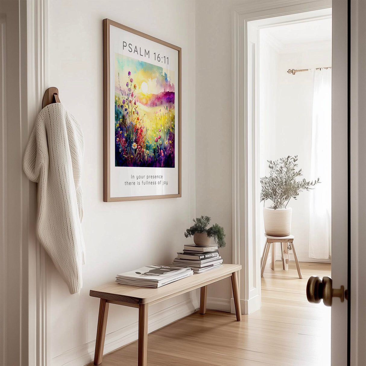 Bible verse wall art with pink and yellow flower meadow and Psalm 16:11 quote on the fullness of joy in God’s presence.