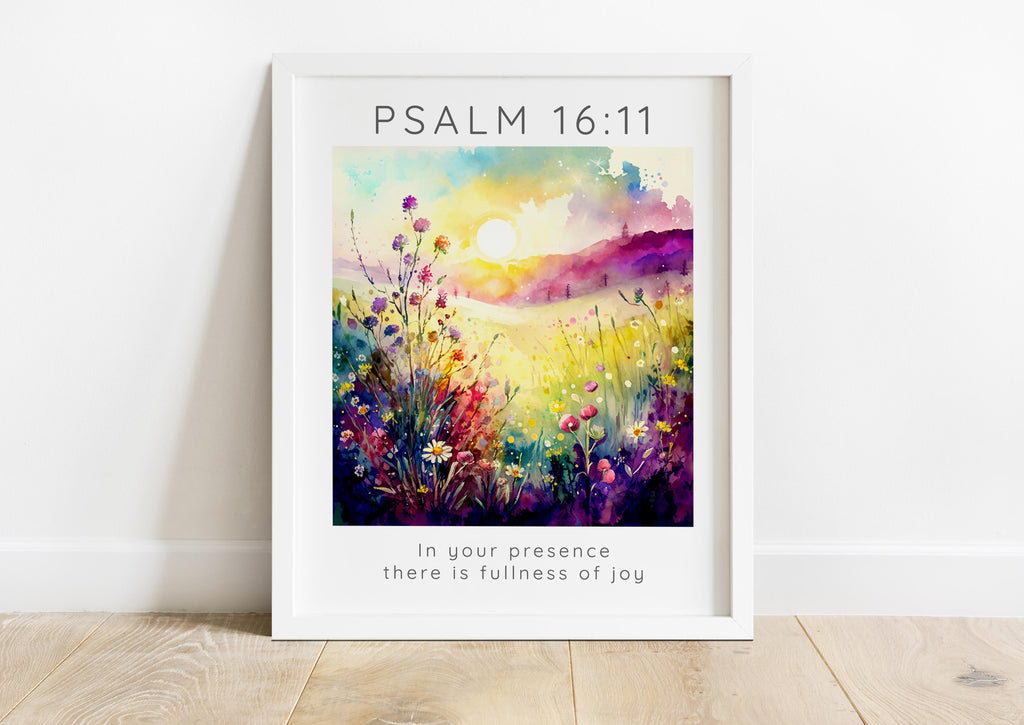 Inspirational presence of joy wall print, Serene and colorful Psalm 16:11 wall decor, Joy themed floral Psalm 16:11 print