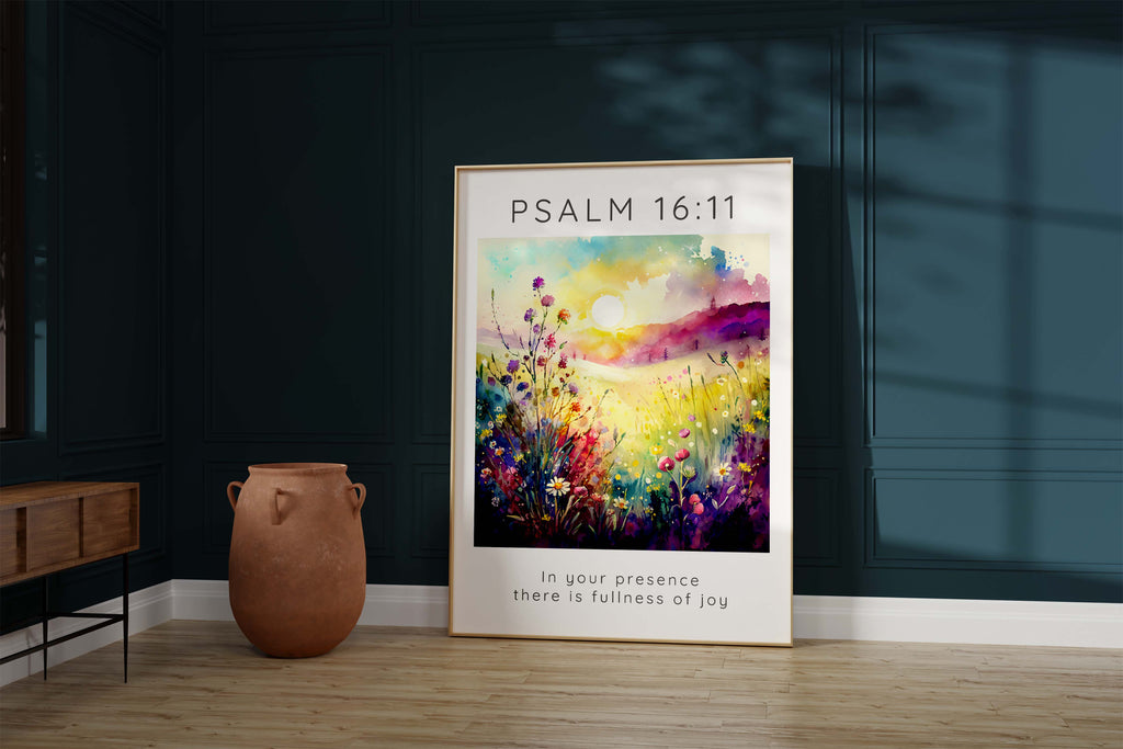 Radiant pink and yellow flower meadow print, Psalm 16:11 verse in joyful wall artwork, Christian home decor with fullness of joy